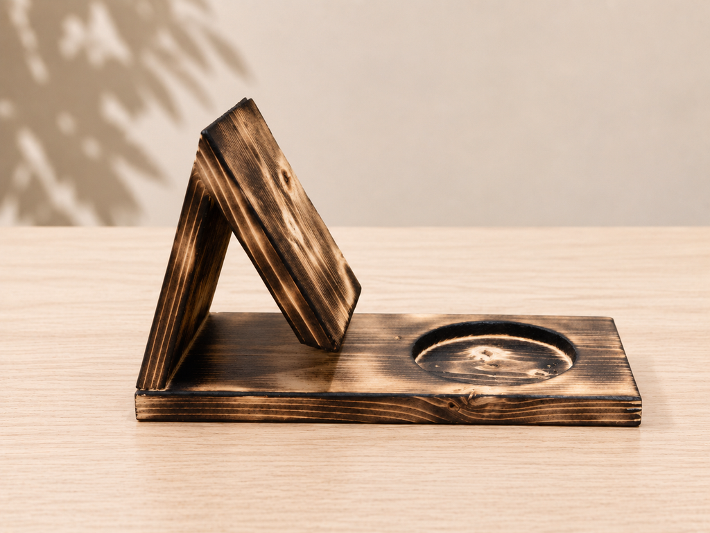 Rustic Wooden Book Stand & Cup Holder